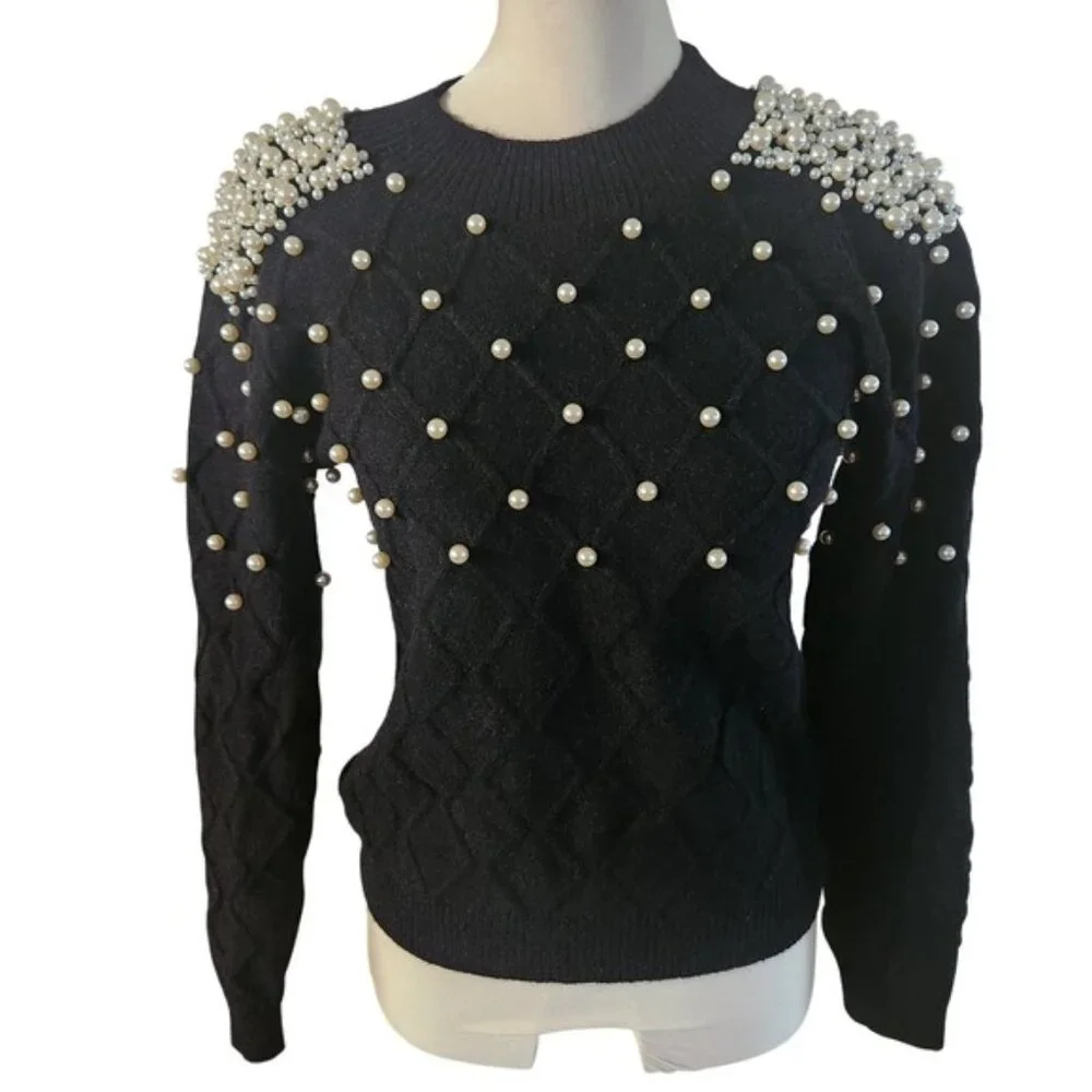 Black Pearl Embellished Sweater Long Sleeve Diamond Knit Shoulder‎ Pearls